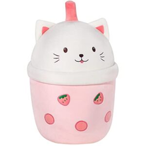 MMguai 14 inch Cute Big Boba Tea Strawberry Cat Plush Soft Hugging Pillow,Large Pink Pearl Milk Tea Stuffed Animals Toy Room Decor,Gifts for Kids Girls Birthday, Christmas