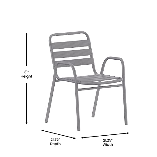 Flash Furniture Lila Commercial Restaurant Stack Chair with Triple Slat Back and Arms, Indoor-Outdoor Dining Chair, Silver