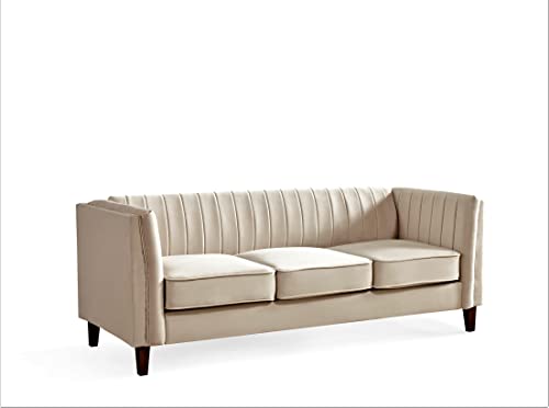 Container Furniture Direct Modern Luxury Velvet Couch for Living Room with High Density Foam, Soft Fabric Upholstery, Removable Cushions and Solid Wood Legs, 83'' Wide 3 Seater Sofa, Beige