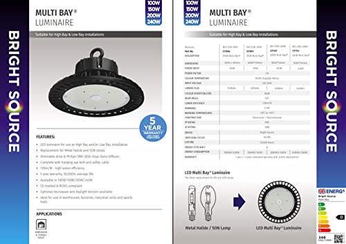 Bright Source 200W LED Multi-Bay High/Low Bay Luminaire, Replace 400W Son/Metal Halide Lamp, 27000lm, Dimmable, IP65 & IK08 Rated, with Hanging Chain & Safety Cable