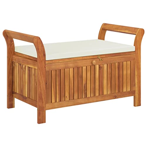 vidaXL Outdoor Storage Bench-Cushioned Acacia Wood Patio Seat Box-Brown & Cream White-Garden Bench Organizer for Deck and Patio