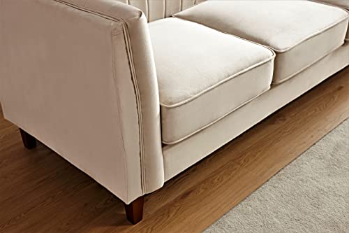 Container Furniture Direct Modern Luxury Velvet Couch for Living Room with High Density Foam, Soft Fabric Upholstery, Removable Cushions and Solid Wood Legs, 83'' Wide 3 Seater Sofa, Beige