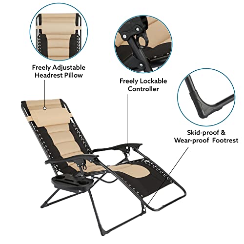 Naomi Home Oversized Zero Gravity Folding Lounge Chair, Padded Reclining Patio Chair with Adjustable Headrest and Cupholders, Recliner Beach Chairs for Adults Support 300lbs - Cream