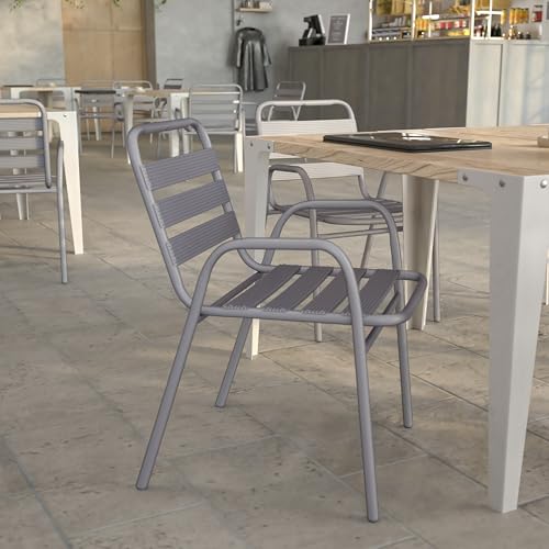 Flash Furniture Lila Commercial Restaurant Stack Chair with Triple Slat Back and Arms, Indoor-Outdoor Dining Chair, Silver