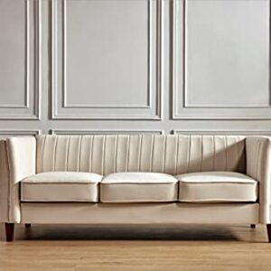 Container Furniture Direct Modern Luxury Velvet Couch for Living Room with High Density Foam, Soft Fabric Upholstery, Removable Cushions and Solid Wood Legs, 83'' Wide 3 Seater Sofa, Beige