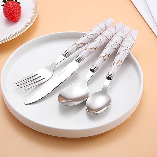 24-Piece Set of Marble pattern Handle Cutlery Set Kitchen Silverware Tableware Main Stainless Steel Knife and Fork Spoon Commercial Steak Coffee Western Tableware (White)