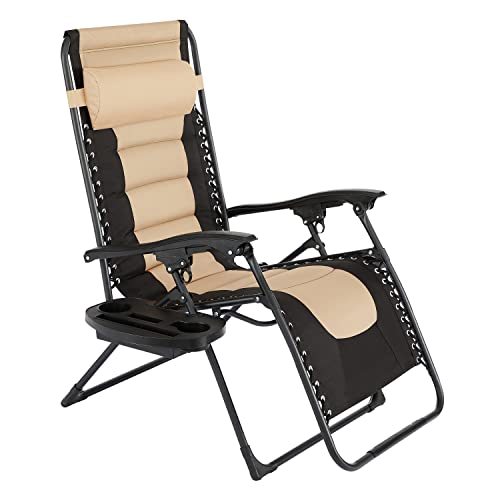 Naomi Home Oversized Zero Gravity Folding Lounge Chair, Padded Reclining Patio Chair with Adjustable Headrest and Cupholders, Recliner Beach Chairs for Adults Support 300lbs - Cream