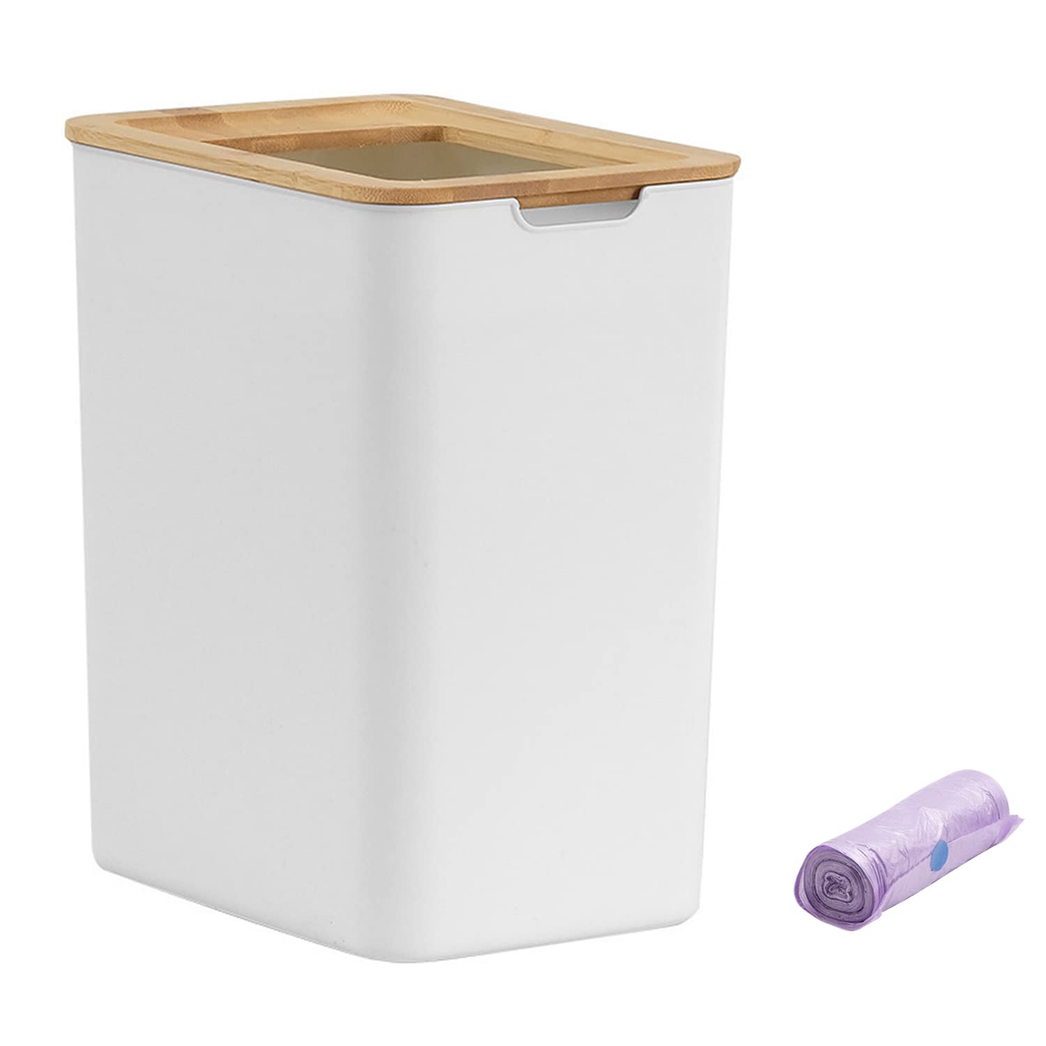 DoxiGlobal Slim Plastic Trash Can with Wood Lid Wastebasket Waste Bin Little Garbage Container Bin White for Home Office Bathroom Kitchen Living Room (Rectangle-3.4Gal)