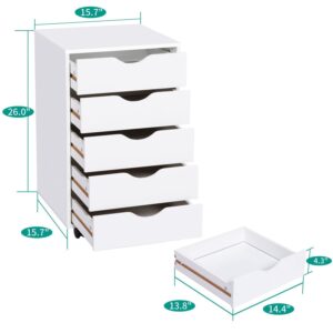 Naomi Home 5 Drawer Dresser for Bedroom, Stylish Tall Dressers with Wheels, Storage Shelves, Small Dresser for Closet, Makeup Dresser with 180 lbs Capacity - White