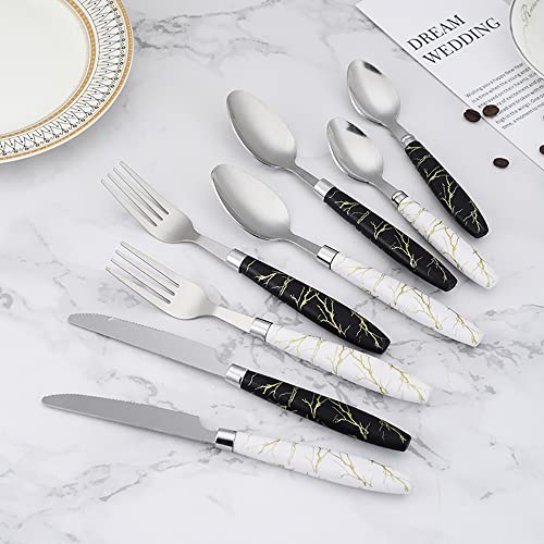 24-Piece Set of Marble pattern Handle Cutlery Set Kitchen Silverware Tableware Main Stainless Steel Knife and Fork Spoon Commercial Steak Coffee Western Tableware (White)