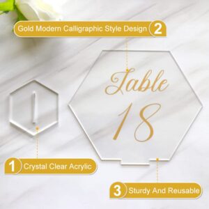 OurWarm Large Acrylic Wedding Table Numbers 1-20, Elegant Gold Printed Calligraphy Place Cards with Stand, Hexagon Multi-functional Clear Acrylic Sign and Holder, Ideal for Wedding Reception Events