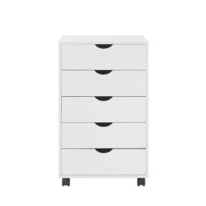 Naomi Home 5 Drawer Dresser for Bedroom, Stylish Tall Dressers with Wheels, Storage Shelves, Small Dresser for Closet, Makeup Dresser with 180 lbs Capacity - White