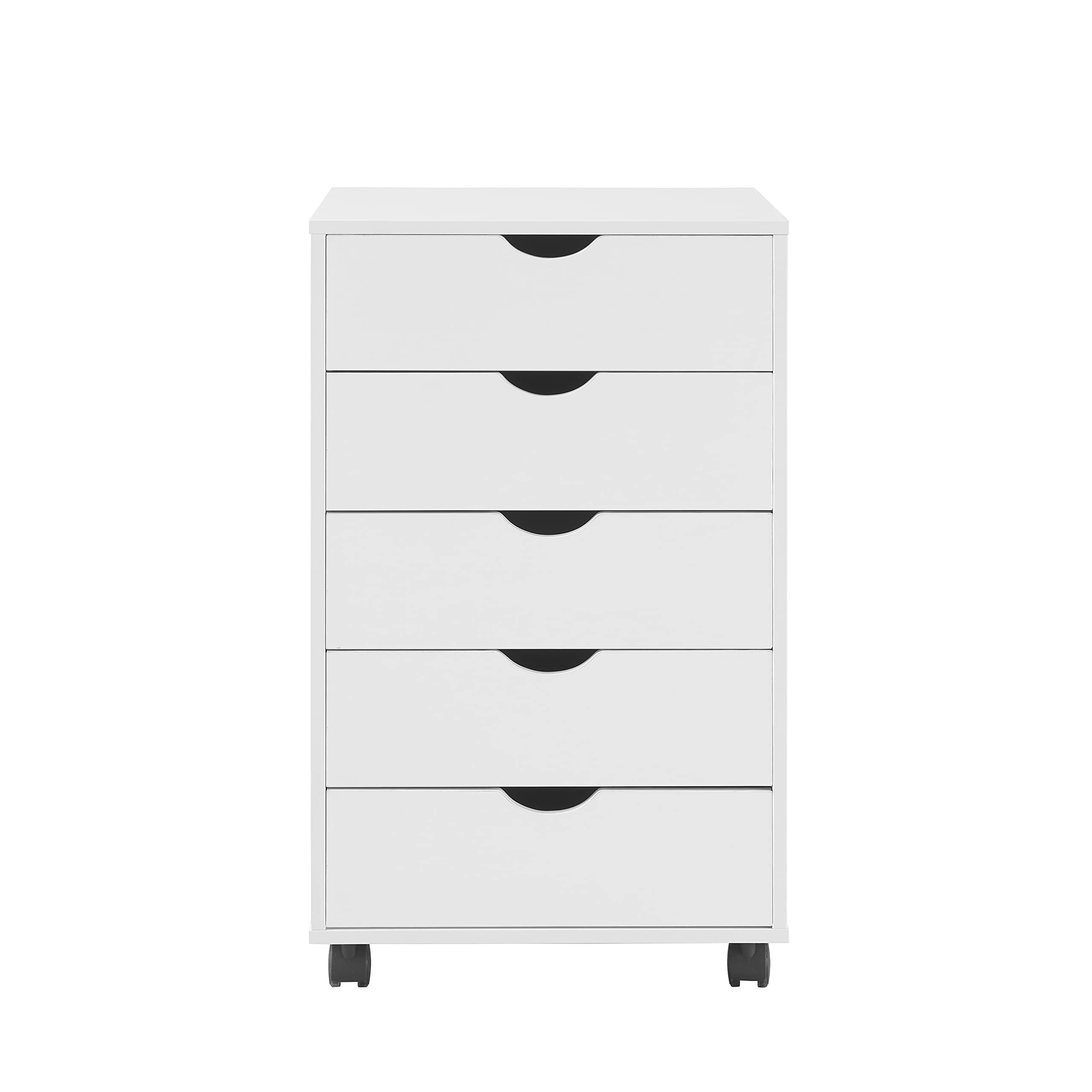 Naomi Home 5 Drawer Dresser for Bedroom, Stylish Tall Dressers with Wheels, Storage Shelves, Small Dresser for Closet, Makeup Dresser with 180 lbs Capacity - White