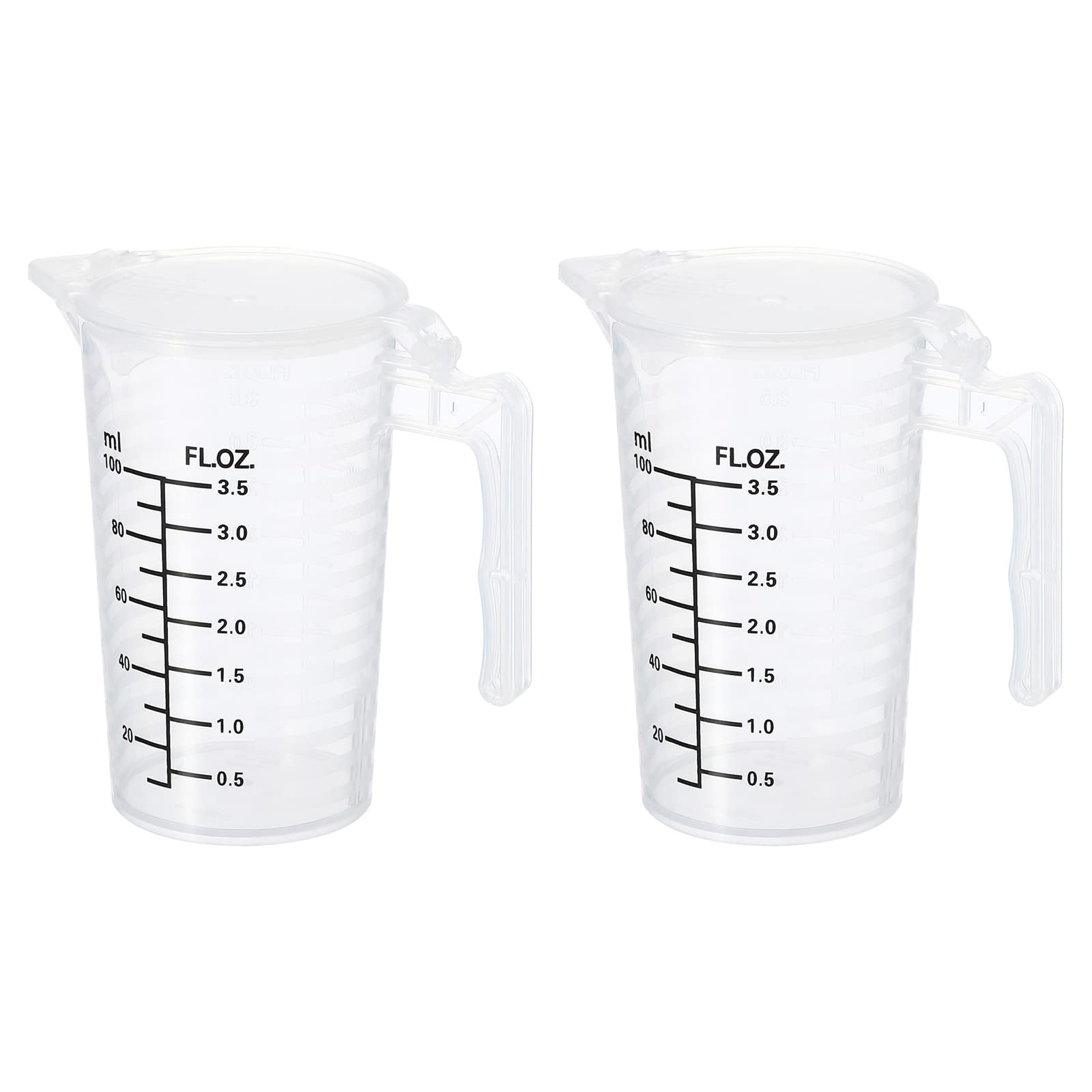 PATIKIL Graduated Beaker, 2 Pack 100ml PP Plastic Liquid Measuring Cup Double Sided Black Graduations with Handle Lid and Spout for Lab Kitchen Home