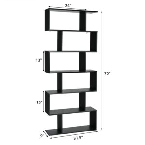 IFANNY 6 Tier Bookshelf, S Shaped Bookcase w/Staggered Storage Shelves, Display Shelf and Room Divider, Librero para Habitacion, Book Shelf for Bedroom, Living Room, Home Office (Black)