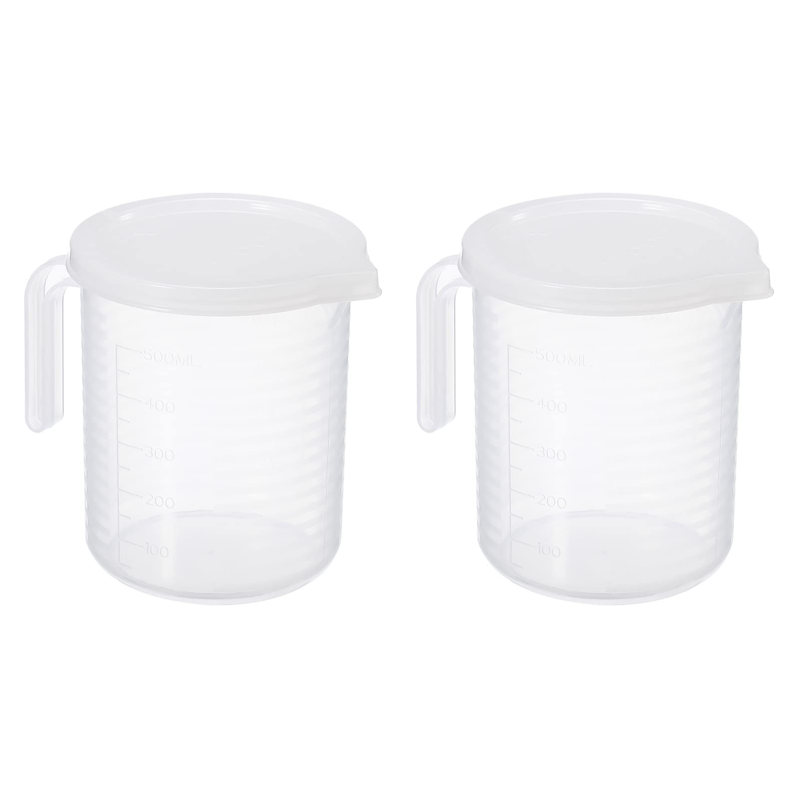 PATIKIL Graduated Beaker, 2 Pack 500ml PP Plastic Liquid Measuring Cup Double Sided Graduations with Handle Lid and Spout for Lab Kitchen Home