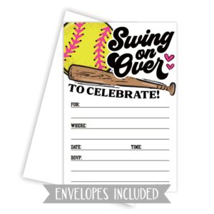 Softball Invitations With Envelopes (20 Count) - Softball Player Birthday or Team Event Invites - Swing On Over