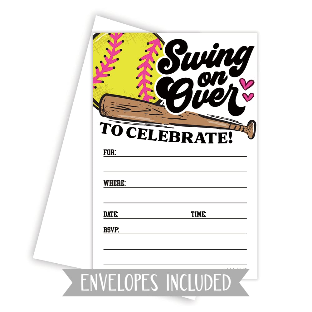 Softball Invitations With Envelopes (20 Count) - Softball Player Birthday or Team Event Invites - Swing On Over