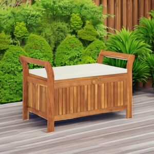 vidaXL Outdoor Storage Bench-Cushioned Acacia Wood Patio Seat Box-Brown & Cream White-Garden Bench Organizer for Deck and Patio