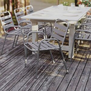 Flash Furniture Lila Commercial Restaurant Stack Chair with Triple Slat Back and Arms, Indoor-Outdoor Dining Chair, Silver