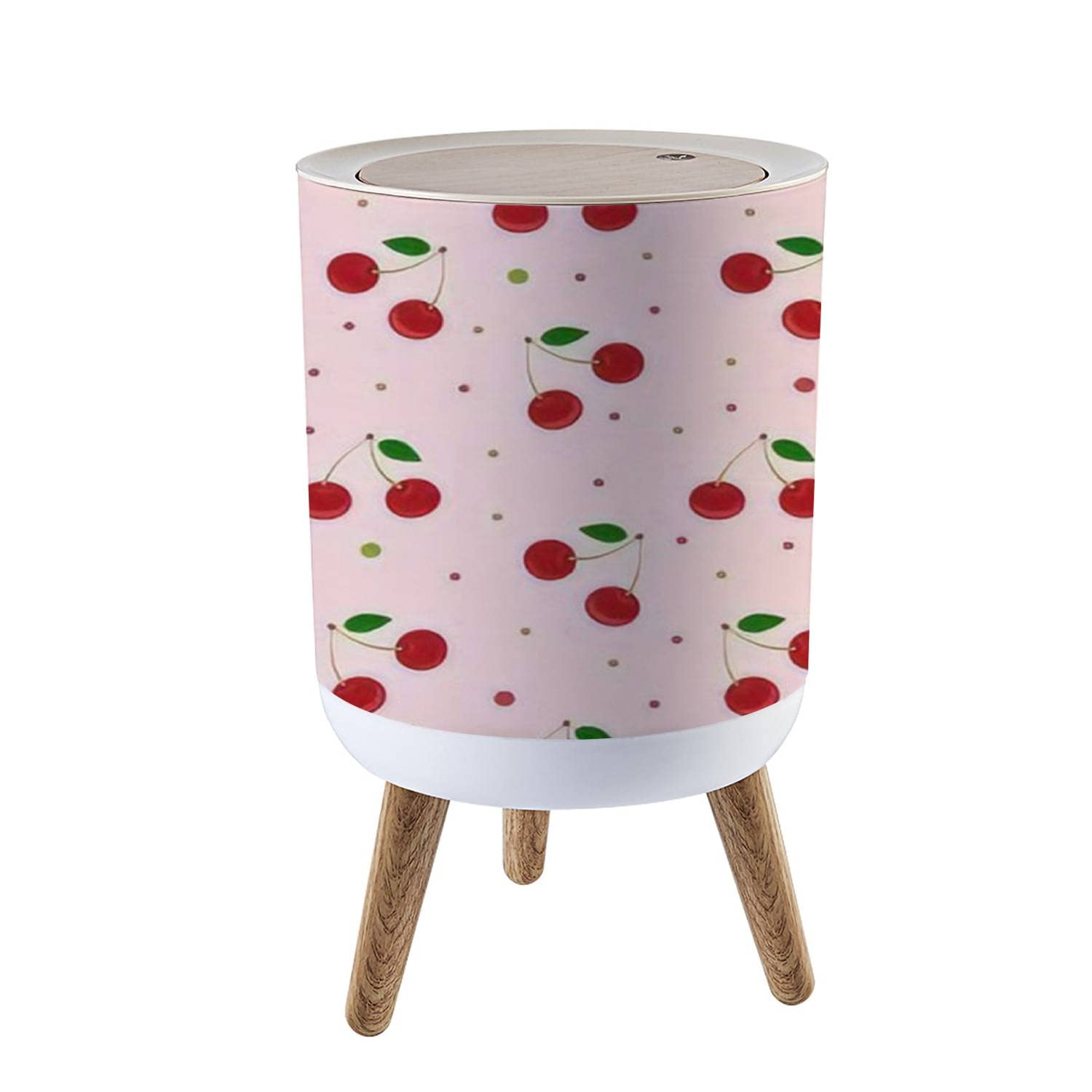 Small Trash Can with Lid for Bathroom Kitchen Office Diaper Seamless red cherries a green leaf Pink dots Summer cherry berries Bedroom Garbage Trash Bin Dog Proof Waste Basket Cute Decorative