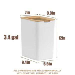 DoxiGlobal Slim Plastic Trash Can with Wood Lid Wastebasket Waste Bin Little Garbage Container Bin White for Home Office Bathroom Kitchen Living Room (Rectangle-3.4Gal)