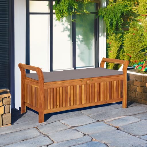 vidaXL Solid Acacia Wood Patio Storage Bench with Cushion - Comfortable Seating - Durable & Robust - Brown Gray - Stylish Garden Furniture