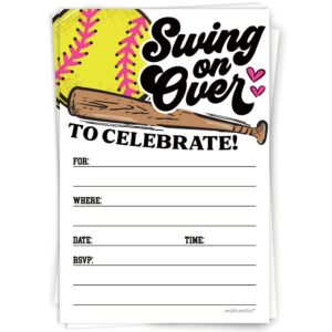 softball invitations with envelopes (20 count) - softball player birthday or team event invites - swing on over