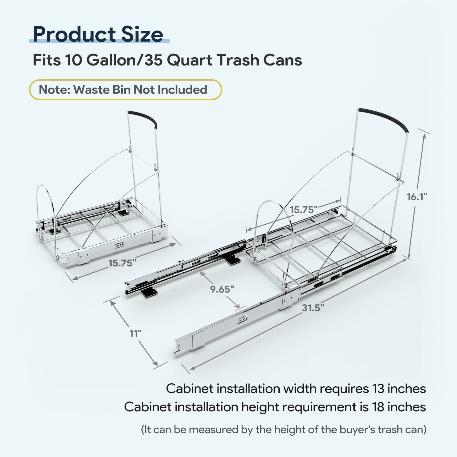 Tanamu Pull Out Trash Can Under Cabinet，Under Sink Slide Out Garbage for Kitchen，Requires 13" W X 18" D Minimum Cabinets，Chrome Adjustable for 7-10 Gallon Trash Can