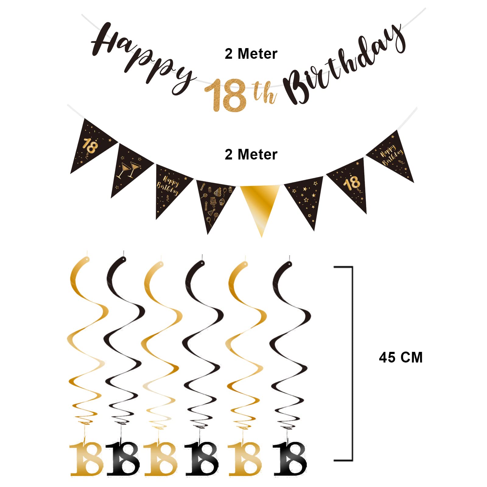 18th Birthday Decoration Kit, Happy 18th Birthday Banner Bunting Swirls Streamers, Triangle Flag Banner for Birthday Party Decorations Supplies Black and Gold 18th