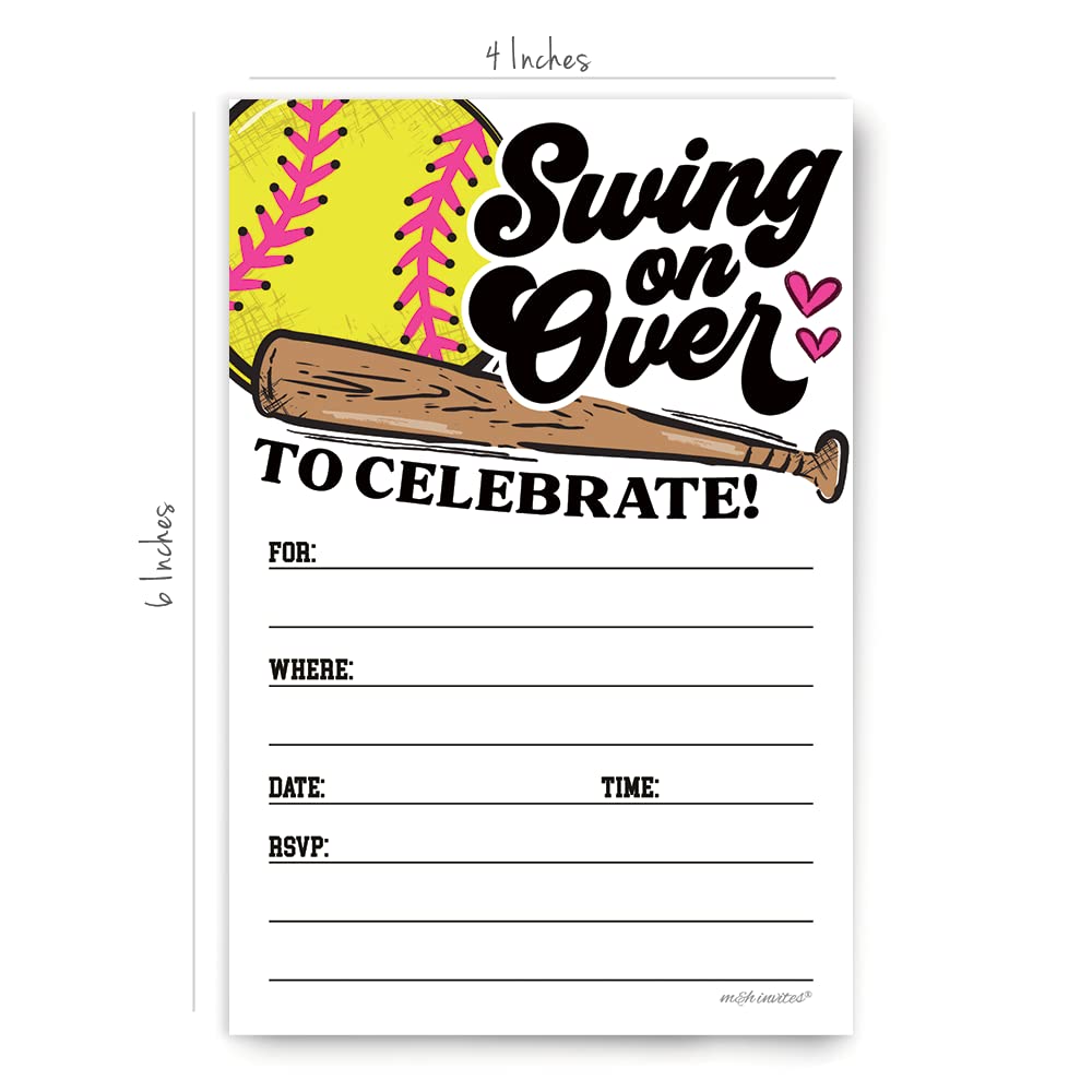 Softball Invitations With Envelopes (20 Count) - Softball Player Birthday or Team Event Invites - Swing On Over