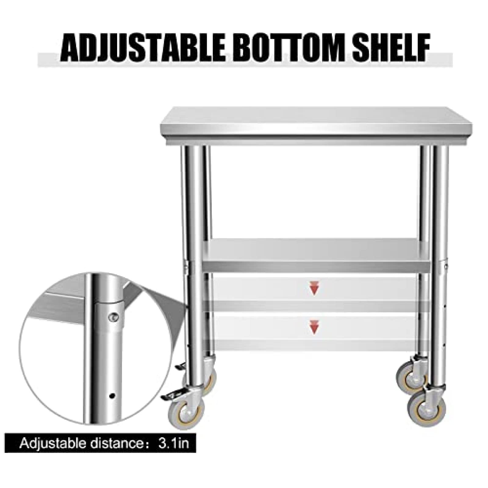 Stainless Steel Work & Prep Table with Caster Wheels and Under Shelf for Restaurant, Home, Hotel,24''x12''