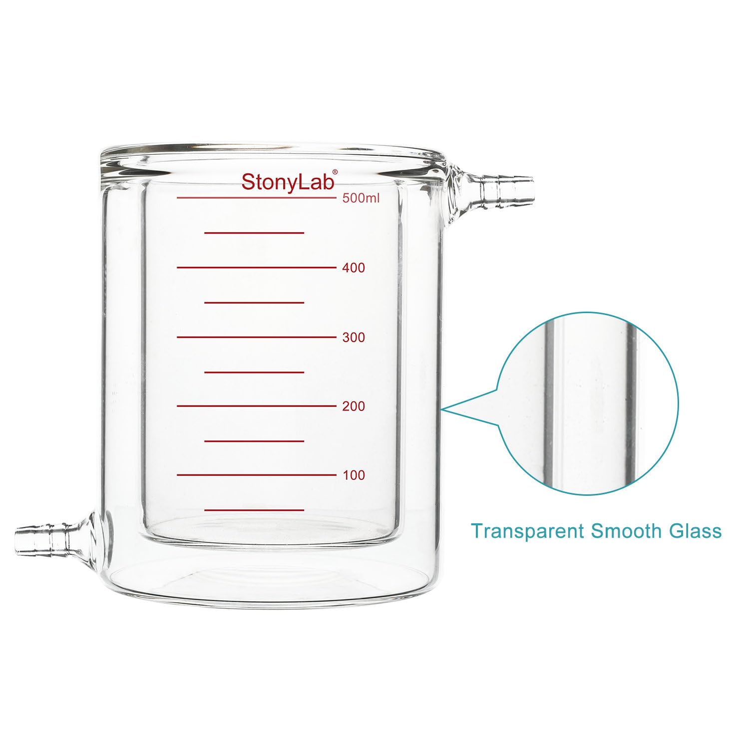 stonylab Glass Jacketed Beaker, 1 Pack Borosilicate Glass Graduated Beaker Flat-Bottom Double-Layer Lab Reaction Beaker, 500 ml