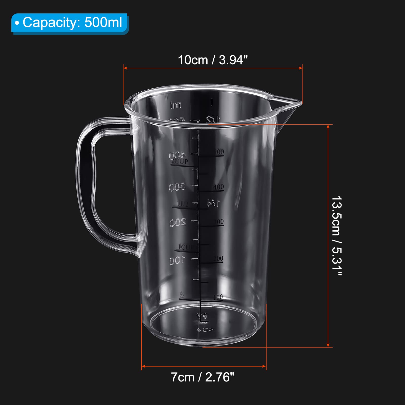 PATIKIL Graduated Beaker, 500ml PC Plastic Liquid Measuring Cup Double Sided Graduations with Handle and Spout for Lab Kitchen Home