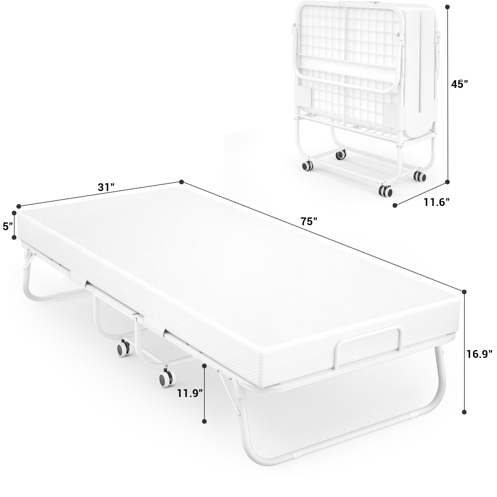 Homieasy Folding Bed with Mattress, Portable Foldable Bed with Storage Cover, Rollaway Bed for Adults with Memory Foam Mattress and Metal Frame, Cot Size Guest Bed on Wheels- White, 75” x 31”