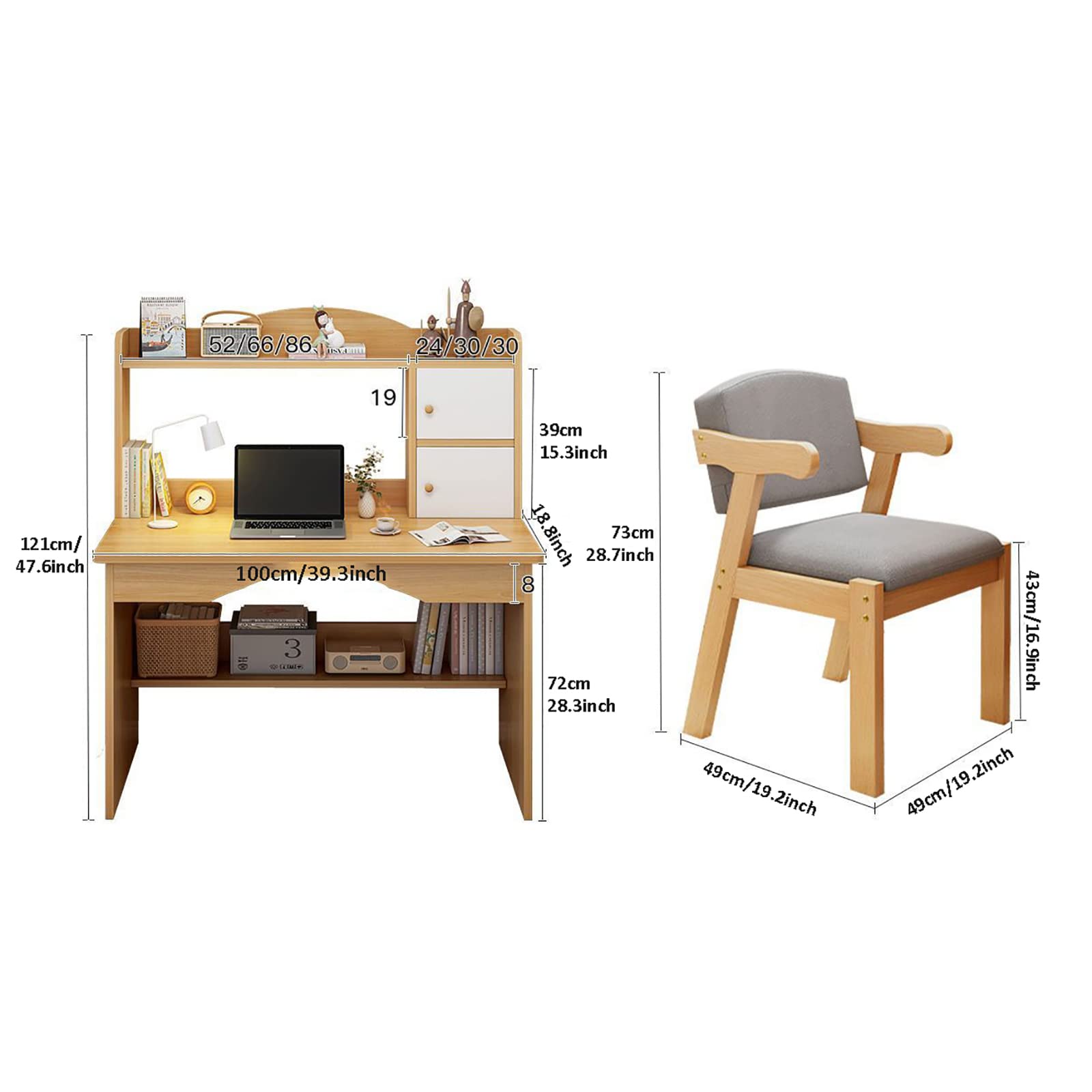 QQXXWood Study Desk with Chair and Bookshelf,k-i*ds Desk and Chair Set, Study Table Teenager Desk,Wooden Computer Desk with Hutch,Cute Writing Table for Girls Boys,Modern Office Desk