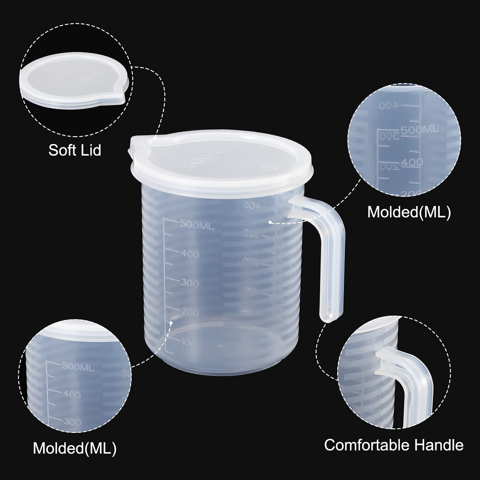 PATIKIL Graduated Beaker, 500ml PP Plastic Liquid Measuring Cup Double Sided Graduations with Handle Lid and Spout for Lab Kitchen Home