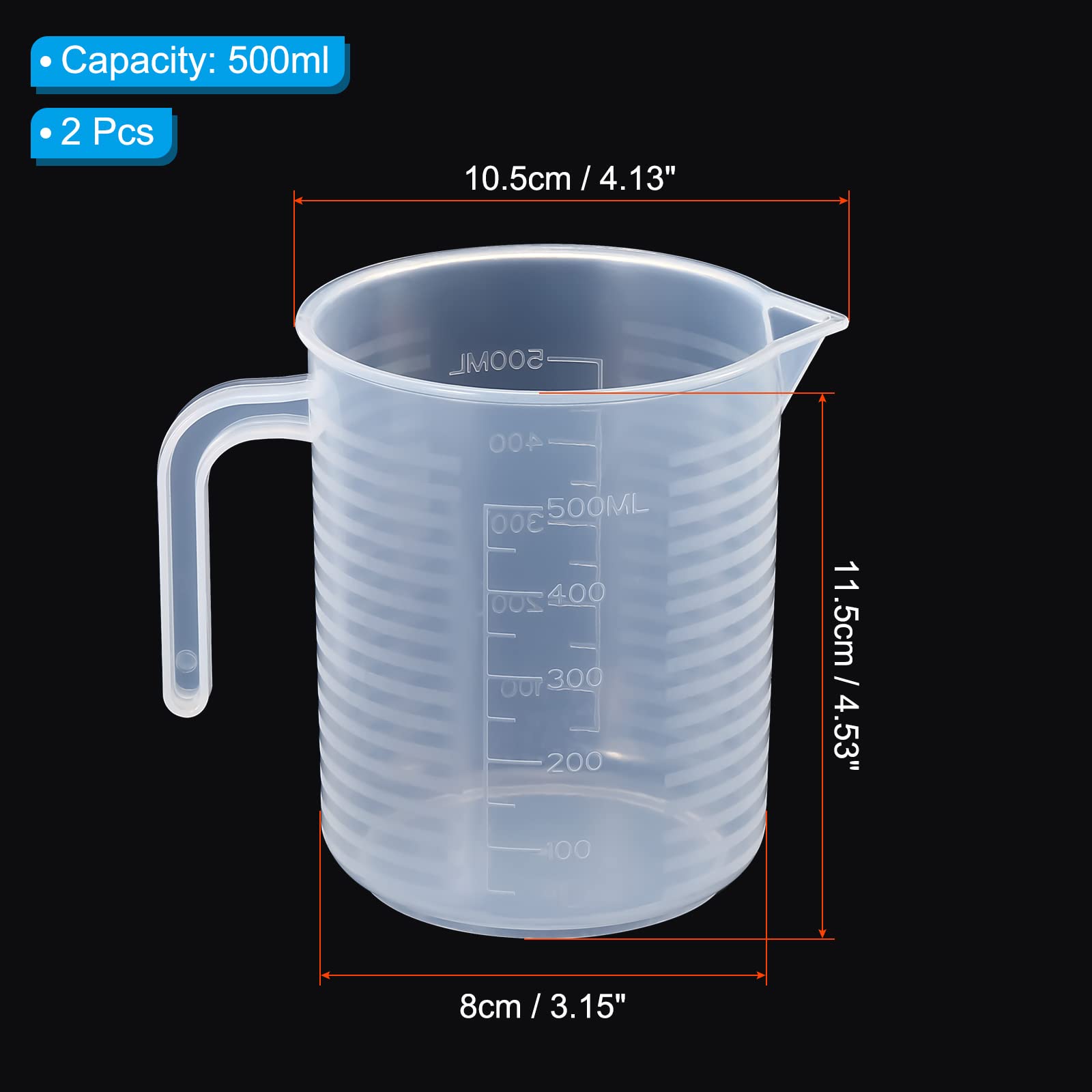 PATIKIL Graduated Beaker, 2 Pack 500ml PP Plastic Liquid Measuring Cup Double Sided Graduations with Handle Lid and Spout for Lab Kitchen Home