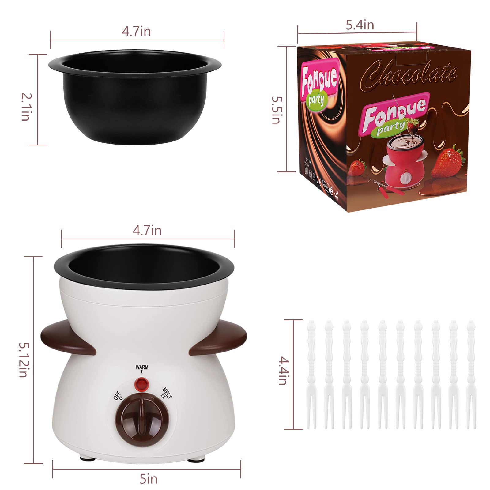 OFFKITSLY Fondue Pot Set, Mini Electric Fondue Pot Set for Melting Chocolate Cheese, Chocolate Meting Pot fondue maker Machine with Dipping Forks For Holiday Birthday Party Gift-White