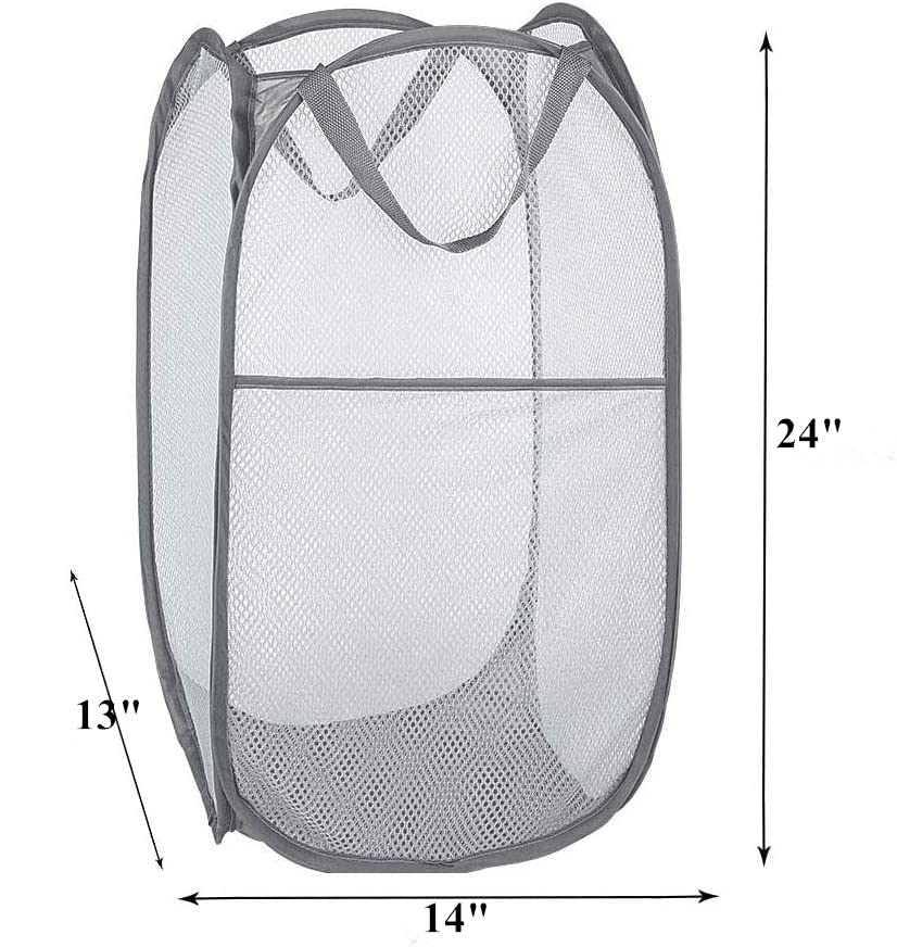 Portable Mesh Popup Laundry Hamper with Durable Handles, Folding Pop-Up Clothes Hampers Collapsible for Storage, Travel Cloth Basket Great for Home Kids Room, College Dorm, Travel (Grey)