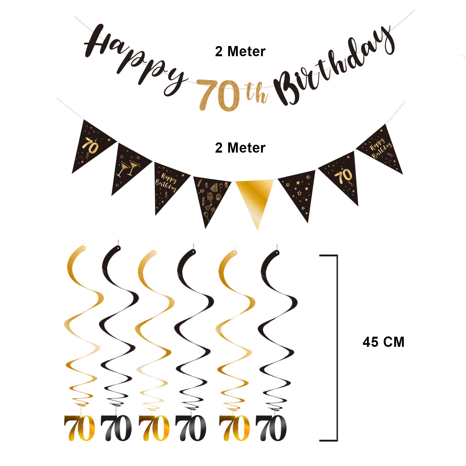 70th Birthday Decoration Kit, Happy 70th Birthday Banner Bunting Swirls Streamers, Triangle Flag Banner for Birthday Party Decorations Supplies Black and Gold 70th