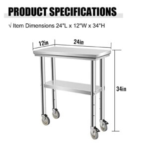 Stainless Steel Work & Prep Table with Caster Wheels and Under Shelf for Restaurant, Home, Hotel,24''x12''