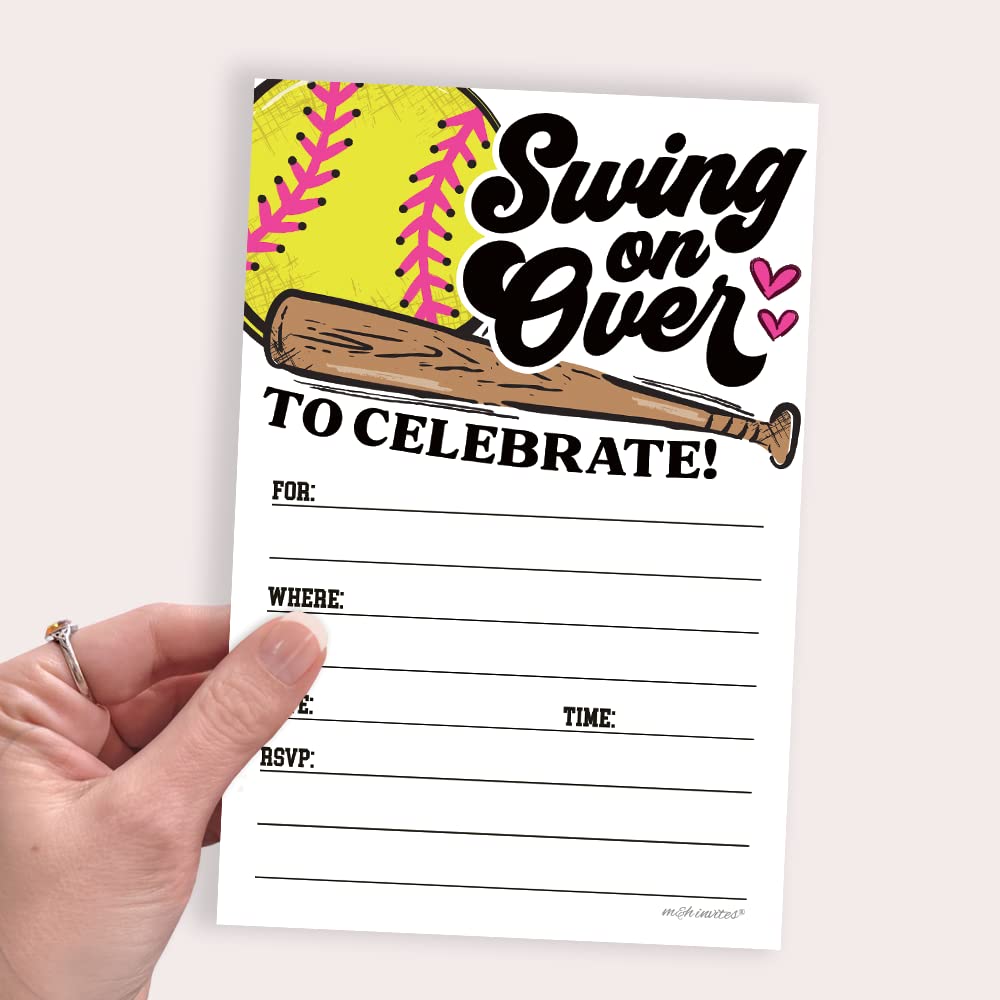 Softball Invitations With Envelopes (20 Count) - Softball Player Birthday or Team Event Invites - Swing On Over