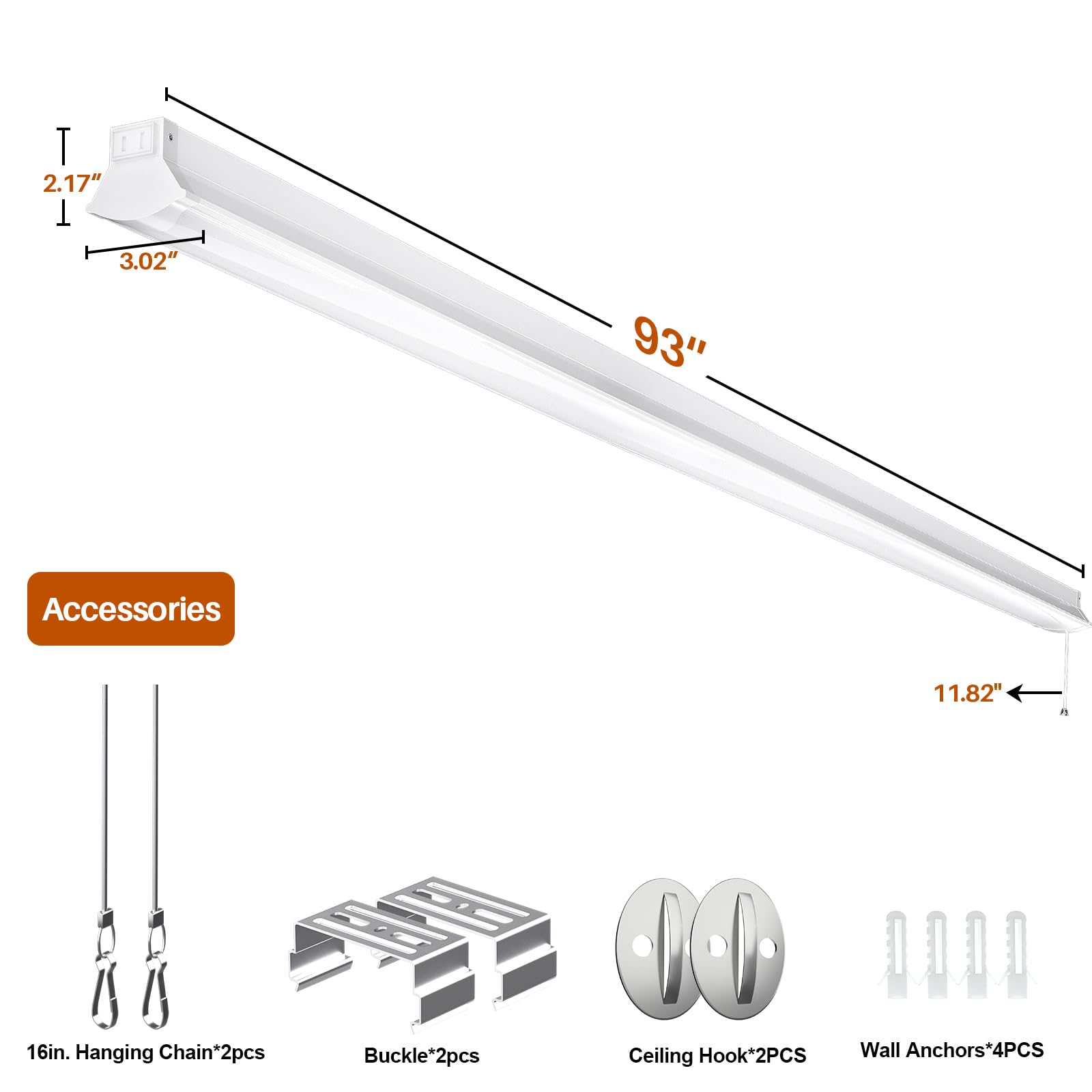 FAITHSAIL Linkable 8FT LED Shop Light, 110W, 12000 LM [Eqv.350W Fluorescent] 5000K, 8 Foot LED Fixture for Garage, Warehouse, Energy Saving Upto 2500KW*5/Y(5Hrs/Day)-Hang & Flush Mount, White, 1 Pack