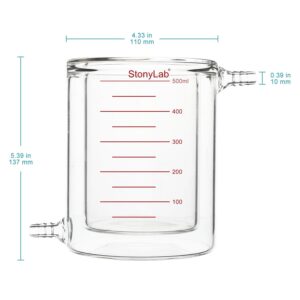 stonylab Glass Jacketed Beaker, 1 Pack Borosilicate Glass Graduated Beaker Flat-Bottom Double-Layer Lab Reaction Beaker, 500 ml