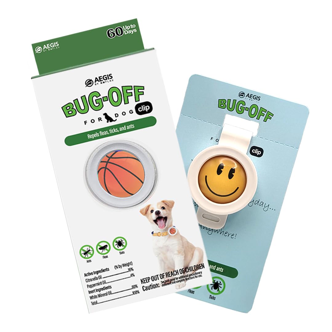 Bug-Off Clip for Dogs [2 Pack] Repels Flea, Tick & Ants for 60 Days, Natural Flea and Tick Repellent Collar [Made in Korea] Aegis by KN FLAX (Basketball & Smile)