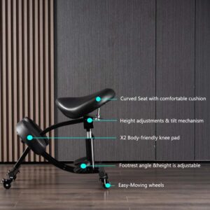 Kneeling Chair with Wheels, Ergonomic Balance Chair for Home and Office，Adjustable Saddle Chair to Improve Your Posture,Comfortable Knees and Footrest,Black,SSS-1459-M