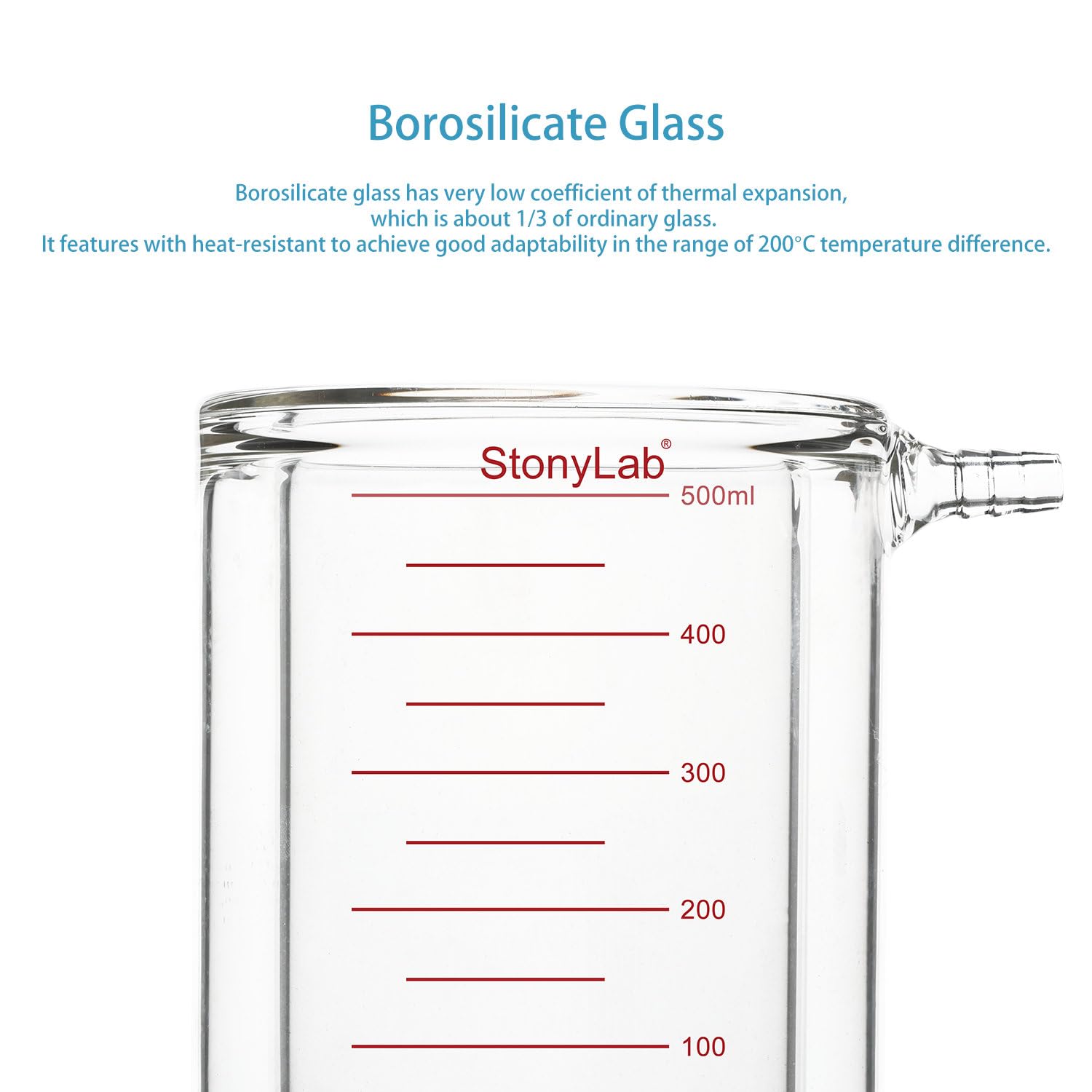 stonylab Glass Jacketed Beaker, 1 Pack Borosilicate Glass Graduated Beaker Flat-Bottom Double-Layer Lab Reaction Beaker, 500 ml