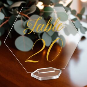 ourwarm large acrylic wedding table numbers 1-20, elegant gold printed calligraphy place cards with stand, hexagon multi-functional clear acrylic sign and holder, ideal for wedding reception events