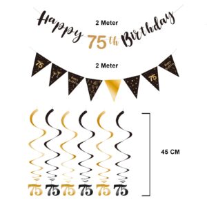 75th Birthday Decoration Kit, Happy 75th Birthday Banner Bunting Swirls Streamers, Triangle Flag Banner for Birthday Party Decorations Supplies Black and Gold 75th